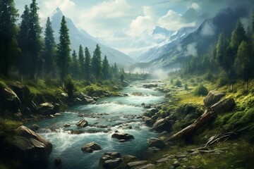 Desktop wallpaper featuring a forestpunk landscape with a river flowing through it. Generative AI