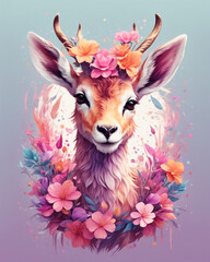 
Digital illustration of a antelope, a composition on a background of beautiful pink-purple flowers with a drawing effect, background for postcards and posters