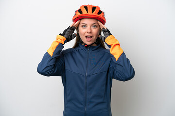 Young cyclist Lithuanian woman isolated on white background with surprise expression