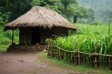 bamboo hut with grass thatch roof in forest