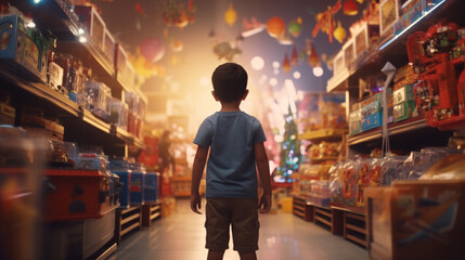 Young boy buying toys at the toy store