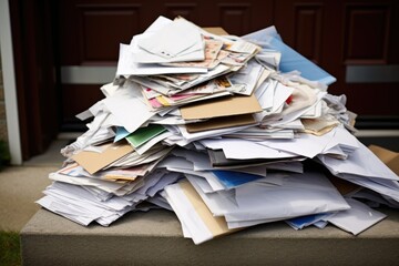 a pile of unopened mail on a doorstep
