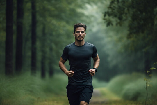 Fitness, man and running in nature for healthy exercise, training and workout in the outdoors, Active, athletic male runner in sports taking a jog in the forest or park for health and cardio wellness