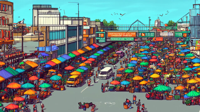 Chatuchak Weeken Market in Panorama view with 8 bit Style