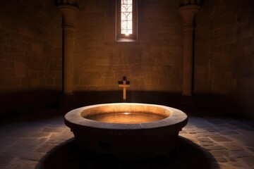 baptismal font made of stone illuminated by daylight - obrazy, fototapety, plakaty