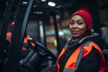 Forklift driver, black woman and logistics worker in industrial shipping yard, manufacturing industry and transport trade, Portrait of cargo female driving a vehicle showing gender equality at work - obrazy, fototapety, plakaty