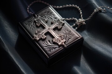 silver cross pendant on black bible cover