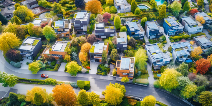 Family colorful houses in neighborhood with green trees, Aerial View of Sustainable settlement