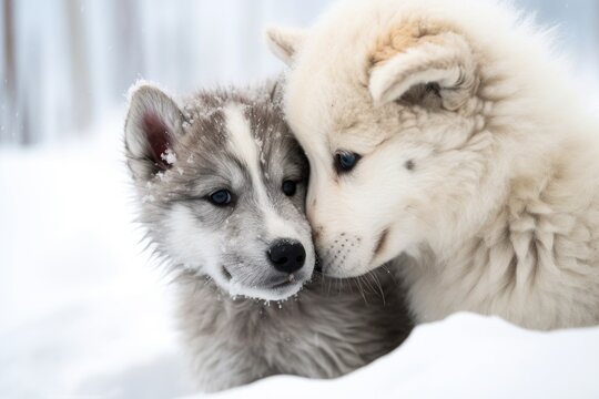 alpha wolf nuzzling a pup in a snowy landscape