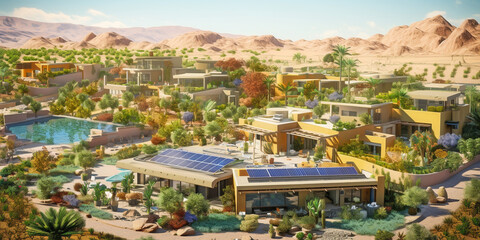 eco  houses in neighborhood with green trees in oasis,  Aerial View of Sustainable settlement in desert