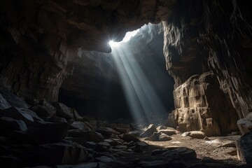 sunbeam illuminating a dark caves interior