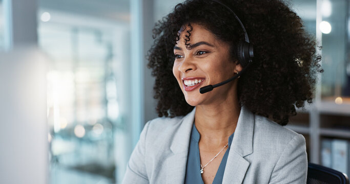 Computer, call center and funny woman in customer service, tech support and talk to contact at help desk. Communication, telemarketing and African sales agent laughing, consulting and crm advisory