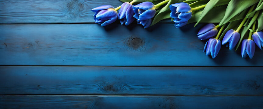 Blue Tulips composition with blue painted wood background and copy space. Ideal concept for Valentines Day, Women's Day, Mother's Day, weddings