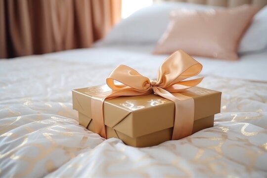 unopened gift box on a bed
