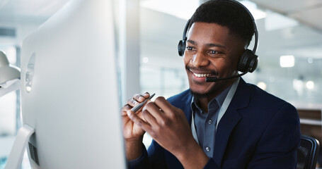 Computer, call center and black man talking, telemarketing and technical support at help desk. Communication, customer service and happy sales agent consulting, crm advisory and speaking to contact - Powered by Adobe