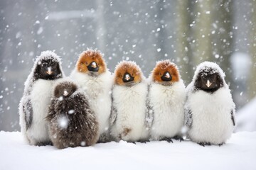 a group of penguins sharing warmth in a snow storm