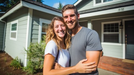 Happy couple standing in front of theirs new house 