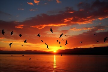 birds flying across a sunset