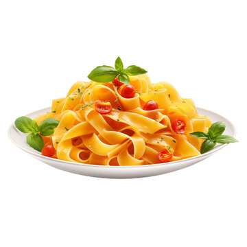 recommend clip art: Delicious Italian pappardelle or Tagliatelle al ragu pasta plate with garnish isolated on transparent background, classic Bolognese Italian pasta plate image clipart PNG