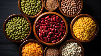 Different legumes .. white beans,, red beans, broken peas, chickpeas, lentils in bowls