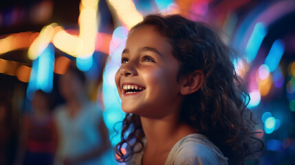 Young girl experiencing wonder and joy at a summer amusement park, captivated by the bright lights and thrilling rides during her fun-filled vacation