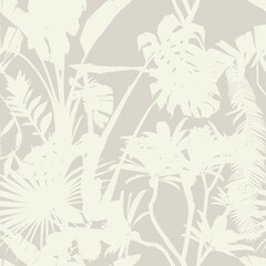 Seamless delicate pattern with  tropical line silhouette flowers and leaves. Bright tropical rainforest illustration.