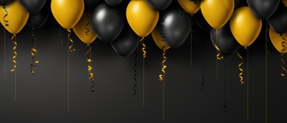 Black balloons with golden ribbons. holiday party background. . - obrazy, fototapety, plakaty
