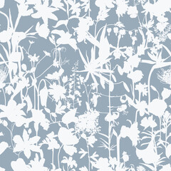 Fototapeta premium Seamless delicate pattern with spring tropical line silhouette flowers. Many kind of bright spring flowers illustration.