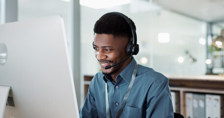 Happy black man, face and call center in customer service, support or telemarketing at office....