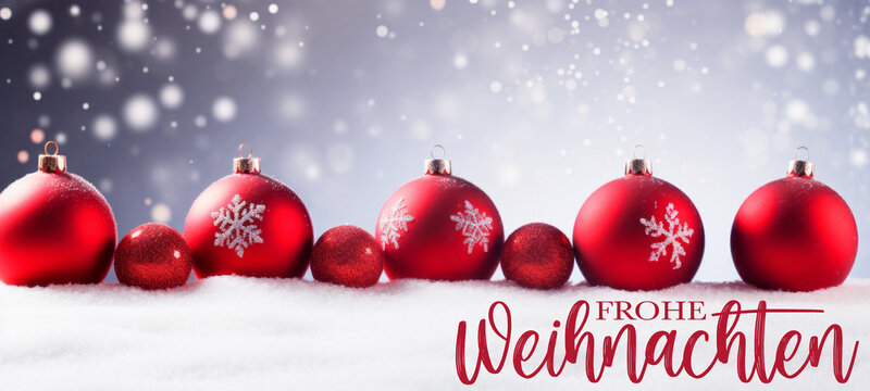 Frohe Weihnachten, Grußkarte mit deutschem Text – Rote Christbaumkugel im Schnee mit blauem Himmel und Schneeflocken im Hintergrund