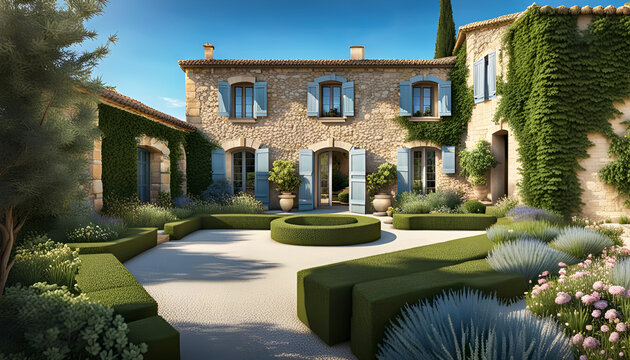 Maison en pierre en provence, am&eacute;nagement ext&eacute;rieur, maison ancienne dans le sud de la France - IA g&eacute;n&eacute;rative