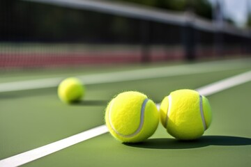 closeup of tennis balls and racquet on a tennis court