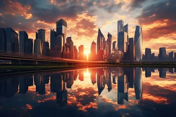 Fotobehang Brooklyn Bridge Abstract city skyline with modern high rise buildings skyscrapers reflected on calm water of river near bridge against cloudy sunset sky with copy space. AI Generative