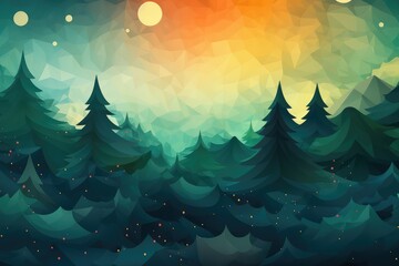 Fir trees in the forest at sunset. Abstract background for Look for an Evergreen Day.  - obrazy, fototapety, plakaty
