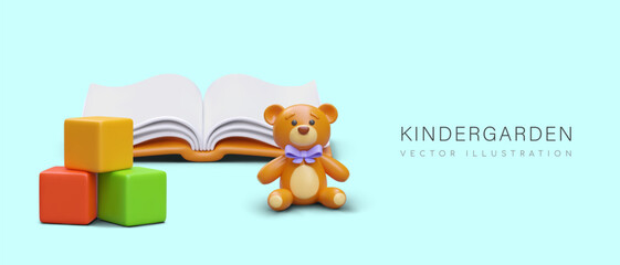 Colorful poster with different realistic 3d items for children. Educational game with cubes, teddy bear and open book. Kindergarten concept. Vector illustration with place for text and blue background