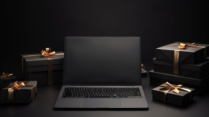 Laptop with gift box on a black background, christmas concept. sale. - obrazy, fototapety, plakaty