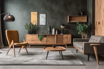 retro design in stylish living room with wooden furniture. Generative AI