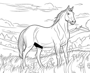 Black and white illustration for coloring animals, horse.