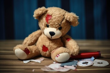 a teddy bear mended with patches and threads