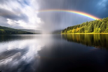 rain merging with a calm lake whilst a rainbow forms