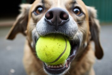 close-up of a dog with a tennis ball in its mouth