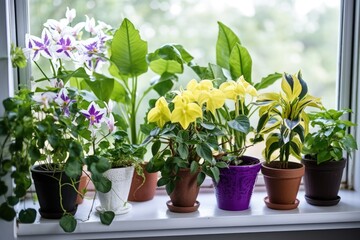 variety of flowering houseplants on a window sill