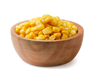 Canned corn in a wooden plate on a white. Isolated