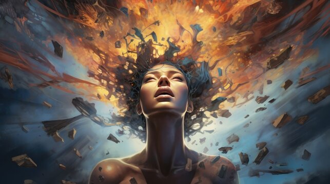 Annual collective mind concept art, exploding mind, inner world, dreams, emotions, imagination and creative mind.