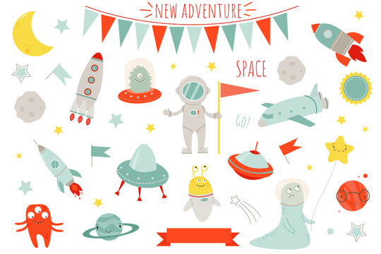 Vector cute design set with space rocket, stars and planets for babies
