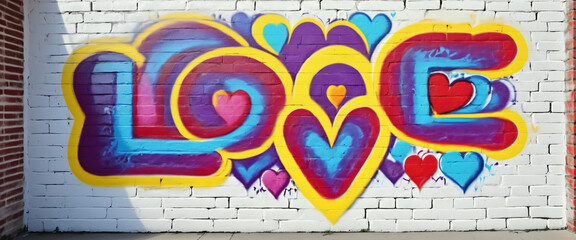 Colorful love and hearts graffiti on white wall