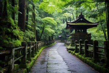 a scenic mountain path leading towards a shrine