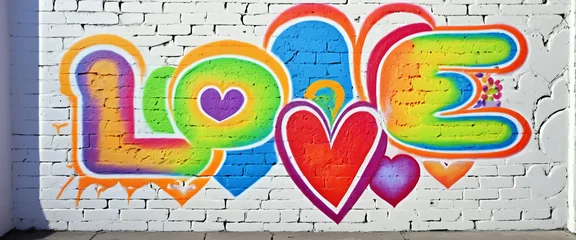 Foto auf Alu-Dibond Colorful love and hearts graffiti on white wall © KarlitoArt