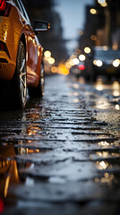 close up photo
tires from a yellow car on a wet bumpy road - obrazy, fototapety, plakaty