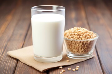 an undrunk glass of milk next to cereal